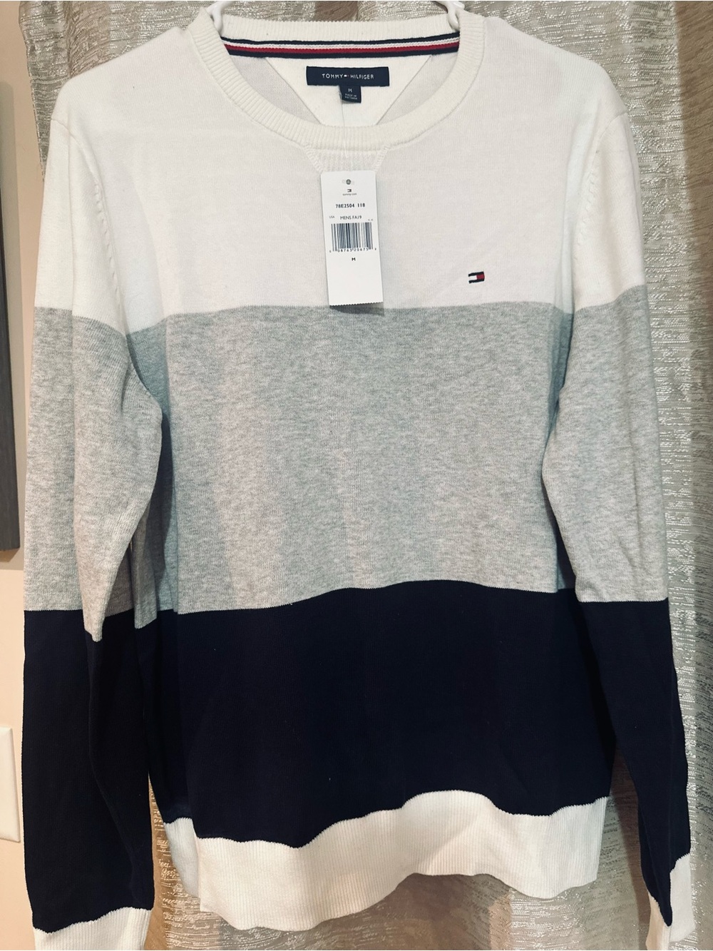 Tommy Hilfiger White Gray Navy Colorblock Crewneck Sweater